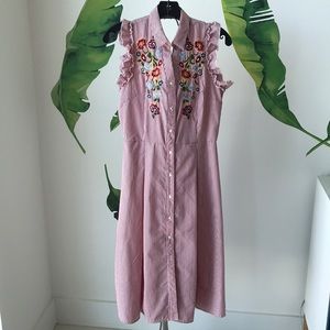 Sear sucker Red Dress w/ Floral Embroidery